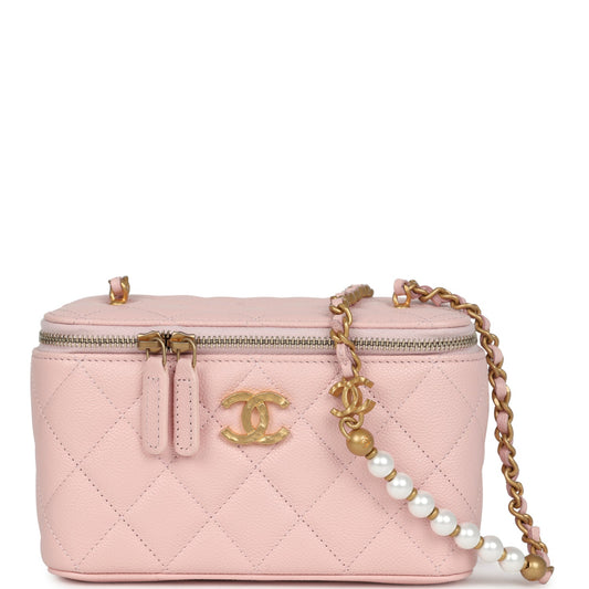 Chanel Small CC Vanity Case Light Pink Caviar Faux Pearls Brushed Gold Hardware Handbag