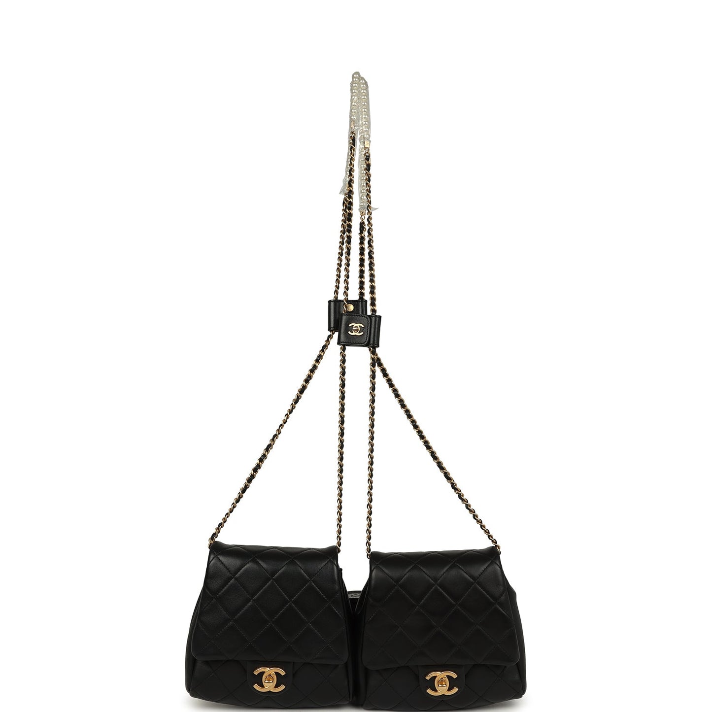 Chanel Twins Side Pack Black Lambskin Faux Pearls & Brushed Gold Hardware Handbag