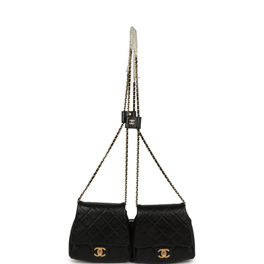 Chanel Twins Side Pack Black Lambskin Faux Pearls & Brushed Gold Hardware Handbag
