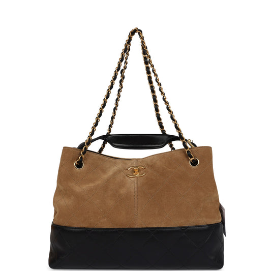 Chanel Small Coco Hobo Bag Brown Suede and Black Shiny Lambskin Brushed Gold Hardware