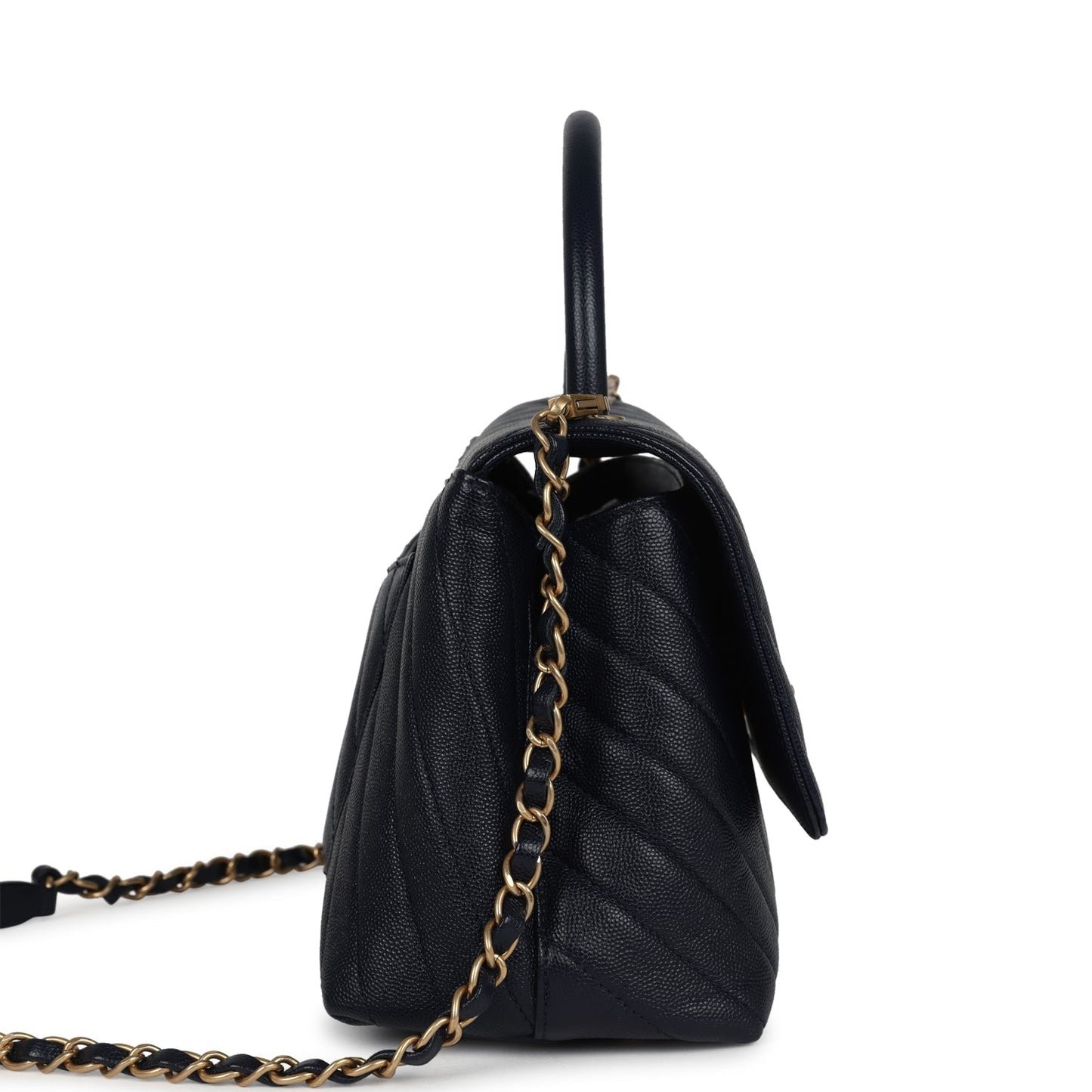 Chanel Medium Coco Top Handle Navy Blue Chevron Caviar Antique Gold Hardware Coco Handle Crossbody