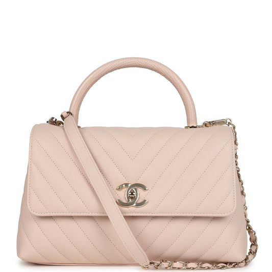 Chanel Medium Coco Top Handle Flap Bag Light Beige Chevron Caviar Light Gold Hardware Coco Handle