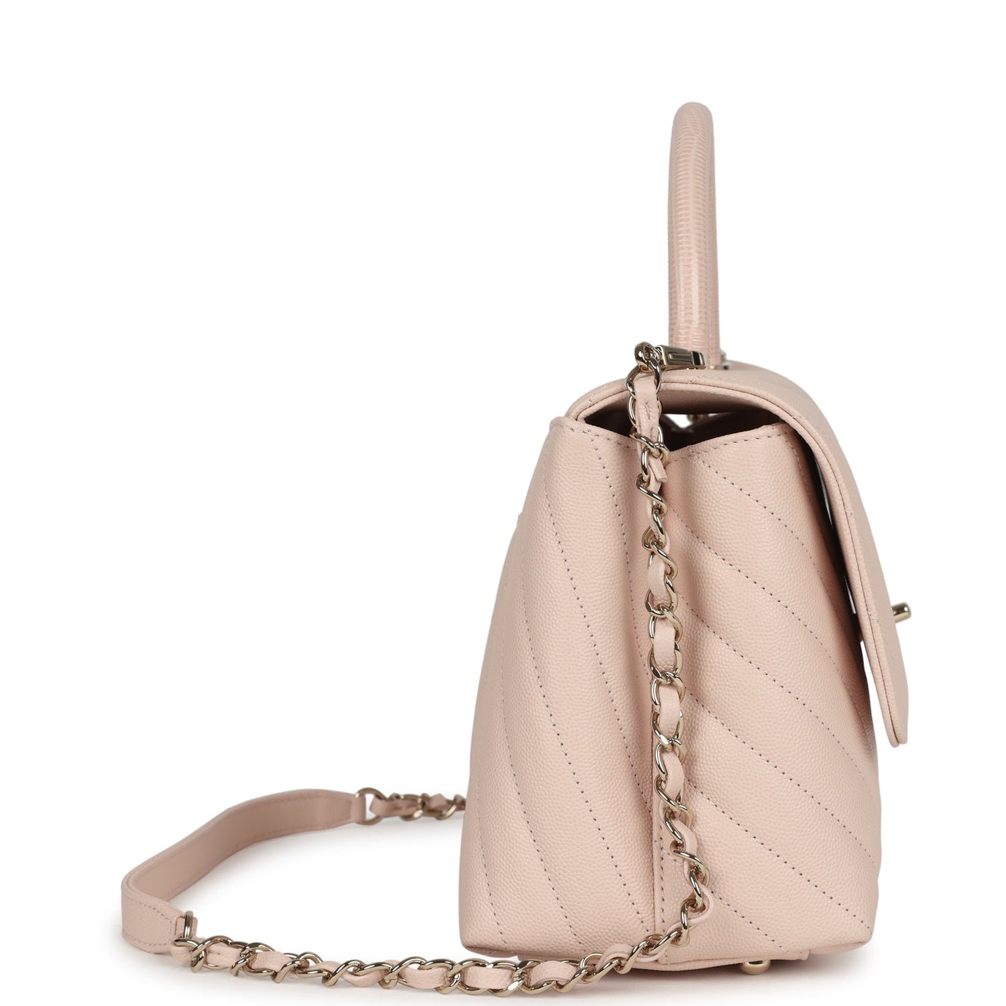 Chanel Medium Coco Top Handle Flap Bag Light Beige Chevron Caviar Light Gold Hardware Coco Handle