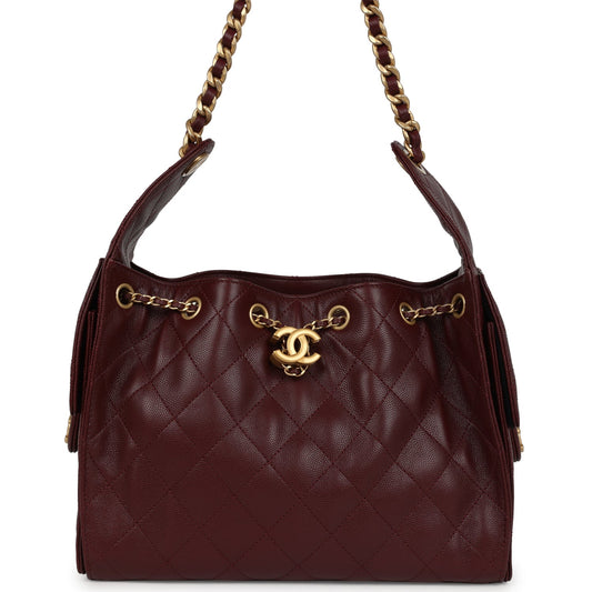 Chanel Small 25 Hobo Bag Burgundy Caviar Antique Gold Hardware