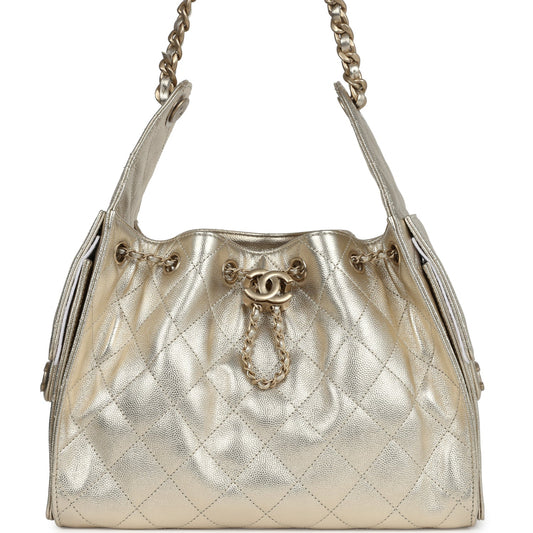 Chanel Small 25 Hobo Bag Metallic Gold Caviar Antique Gold Hardware