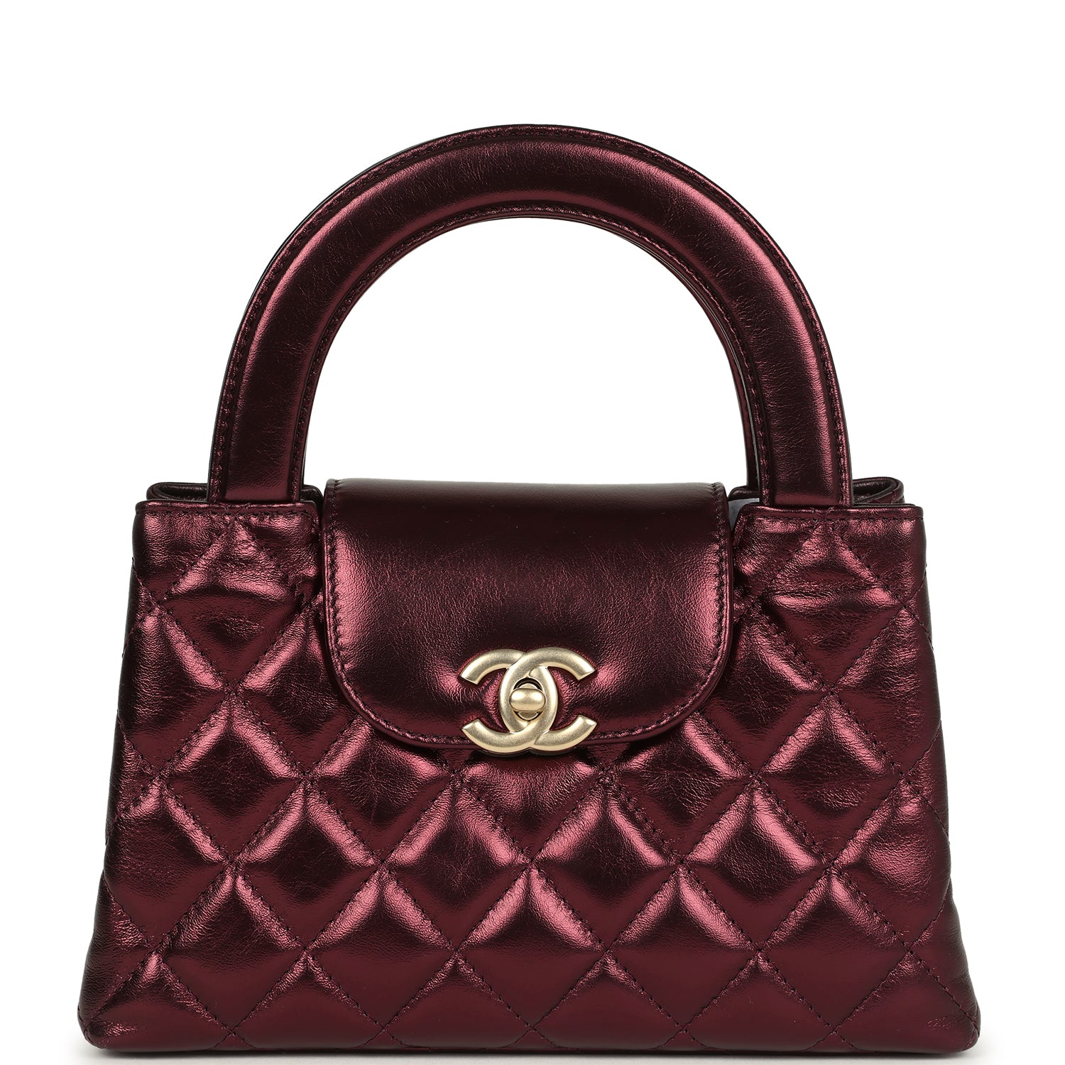 Chanel Small Kelly Shopper Metallic Burgundy Calfskin Brushed Gold Hardware Crossbody