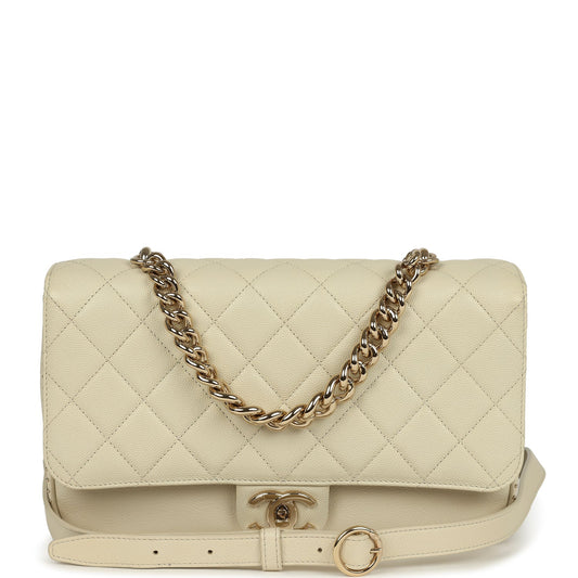 Chanel Large Chain Handle Flap Bag Ivory Caviar and Calfskin Light Gold Hardware