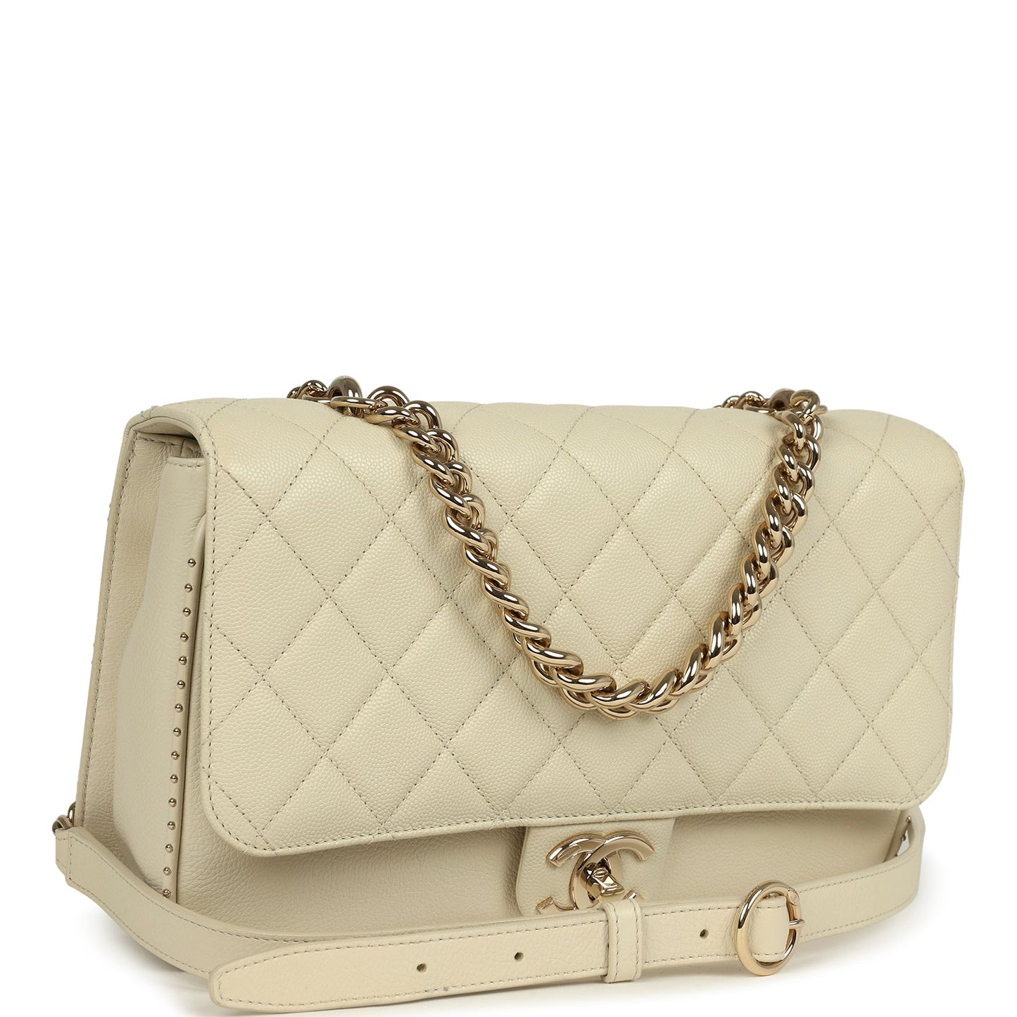 Chanel Large Chain Handle Flap Bag Ivory Caviar and Calfskin Light Gold Hardware