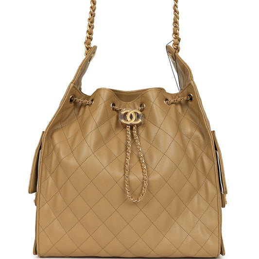 Chanel Medium 25 Hobo Bag Dark Beige Caviar Antique Gold Hardware