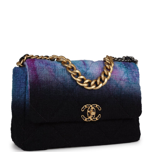Chanel Large 19 Flap Bag Purple and Blue Wool Tweed Mixed Hardware