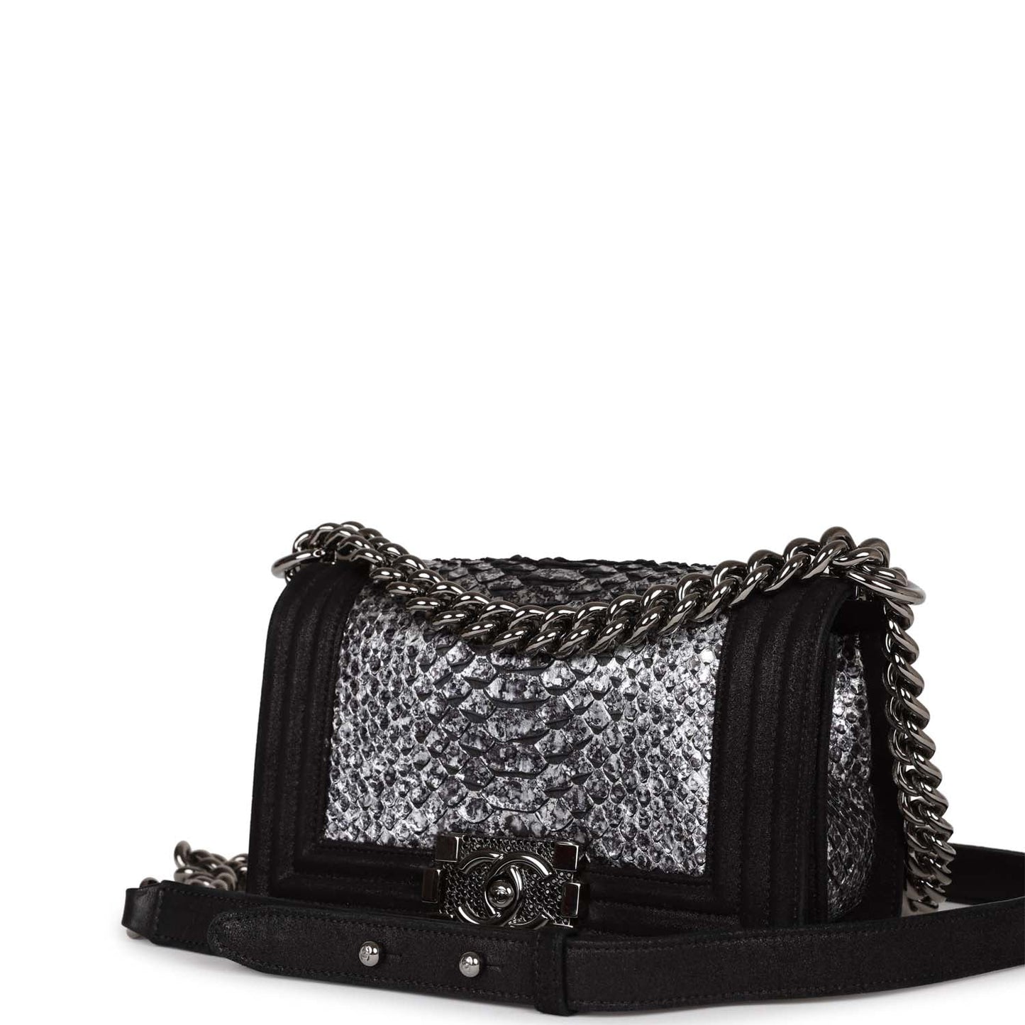 Chanel Small Boy Bag Black Suede and Silver Python Silver Hardware