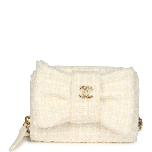 Chanel VIP Wallet on Chain WOC Bow White Tweed Gold Hardware Crossbody