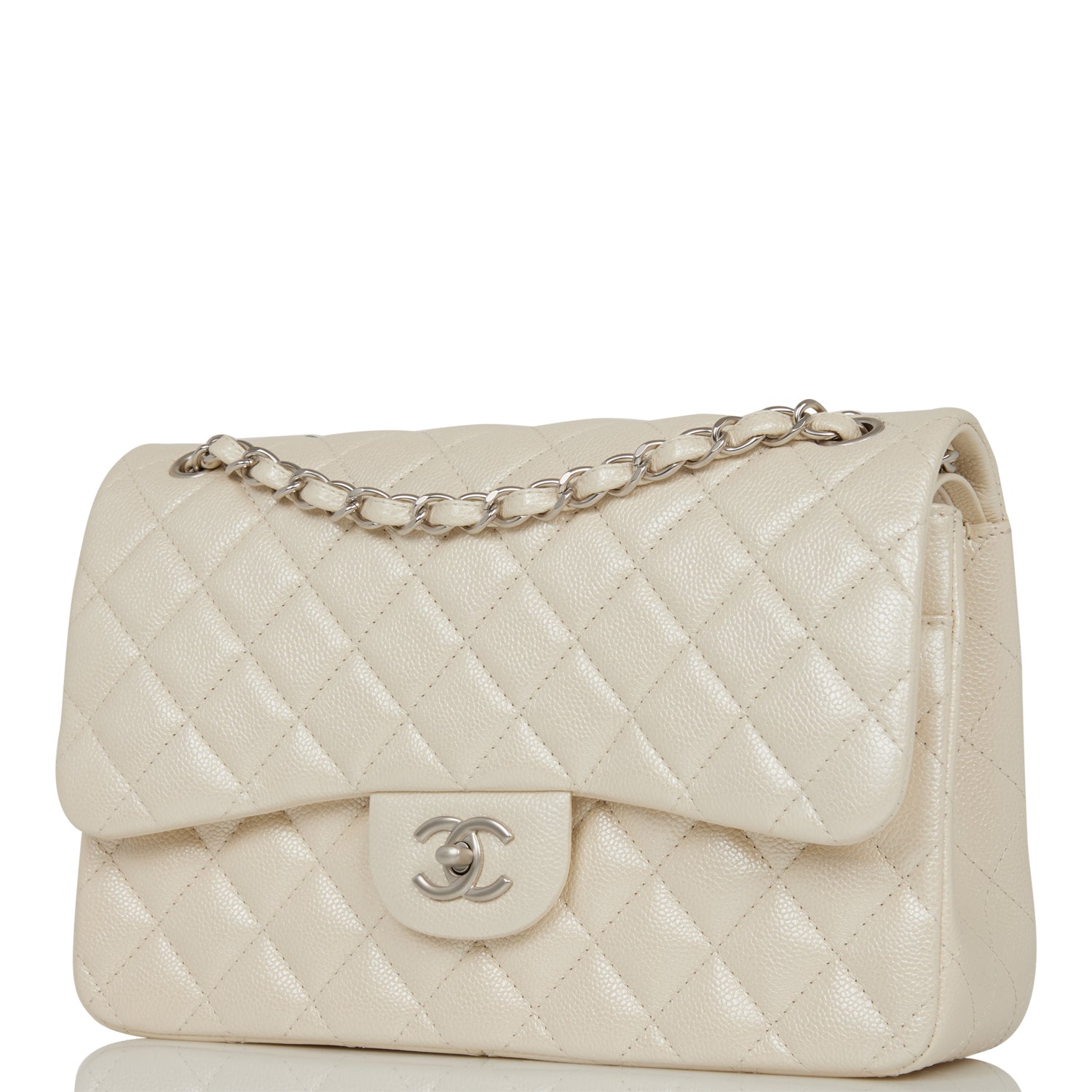 Chanel Jumbo Classic Double Flap Bag White Iridescent Caviar Silver Hardware