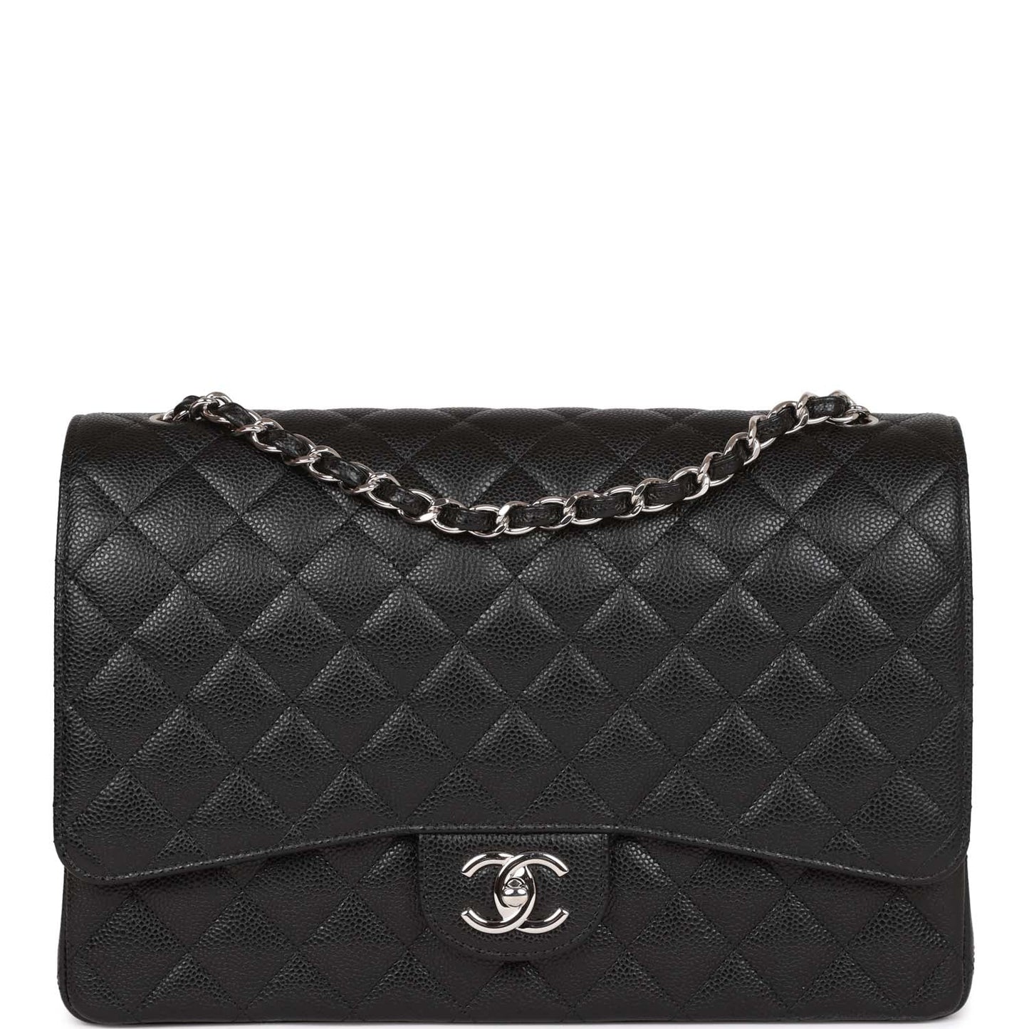 Chanel Maxi Classic Double Flap Bag Black Quilted Caviar Silver Hardware