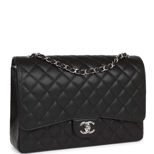 Chanel Maxi Classic Double Flap Bag Black Quilted Caviar Silver Hardware
