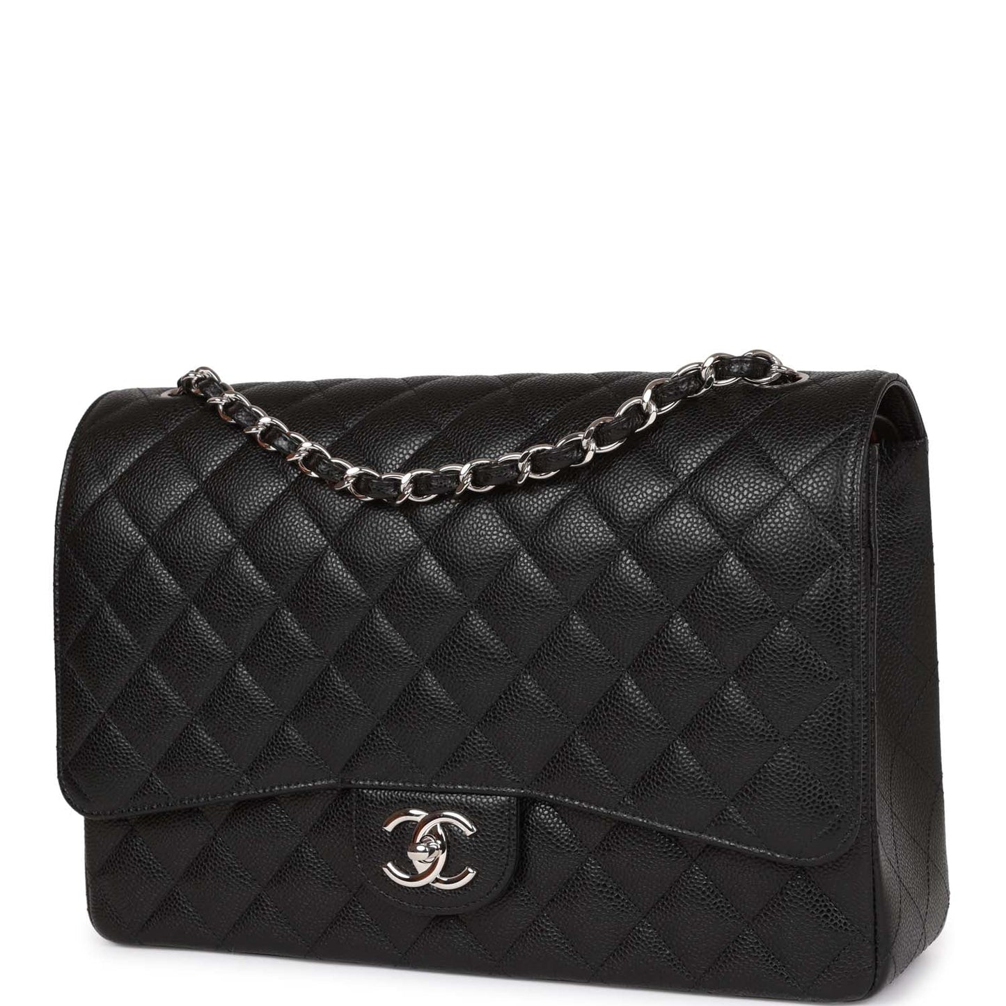 Chanel Maxi Classic Double Flap Bag Black Quilted Caviar Silver Hardware