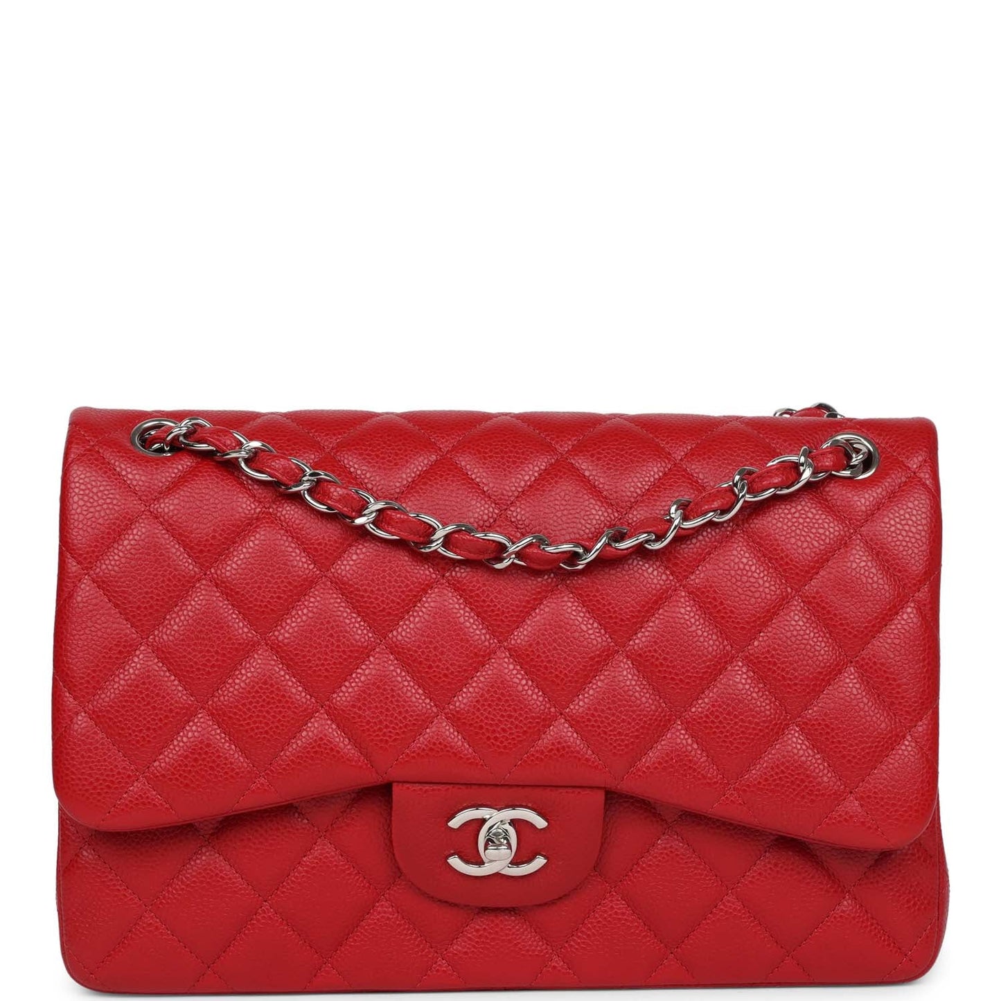 Chanel Jumbo Classic Double Flap Red Caviar Silver Hardware Shoulder Bag