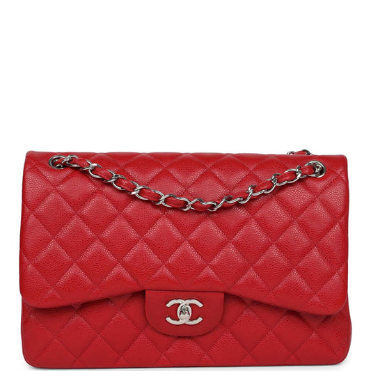 Chanel Jumbo Classic Double Flap Red Caviar Silver Hardware Shoulder Bag