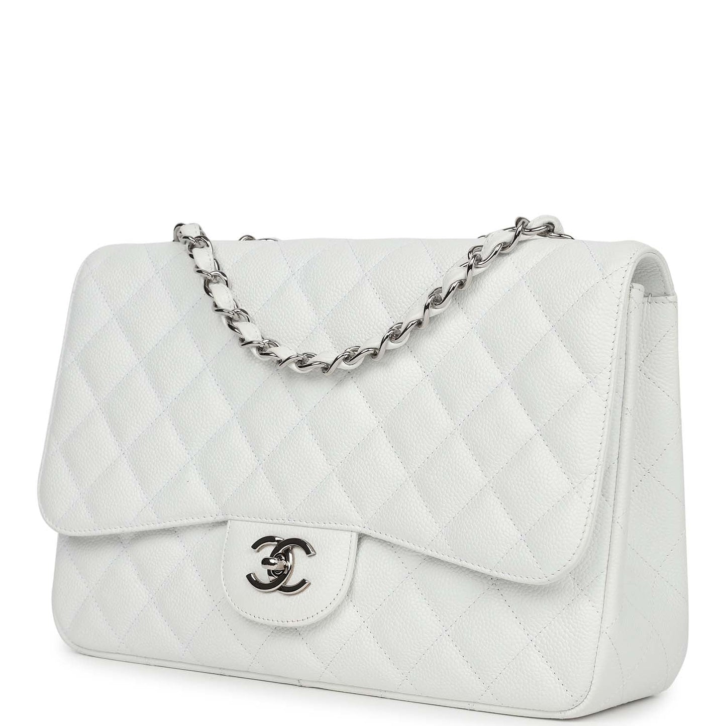 Chanel Jumbo Classic Single Flap Bag White Caviar Silver Hardware