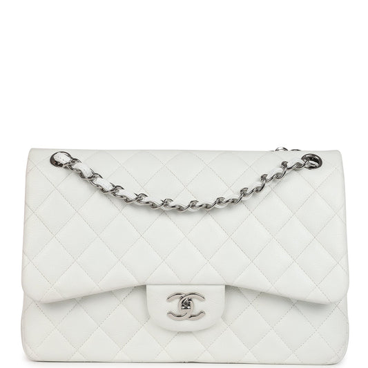 Chanel Jumbo Classic Single Flap Bag White Caviar Silver Hardware