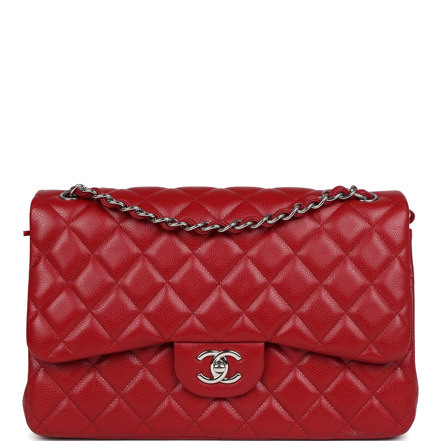 Chanel Jumbo Classic Double Flap Red Caviar Silver Hardware Shoulder Bag