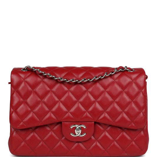 Chanel Jumbo Classic Double Flap Red Caviar Silver Hardware Shoulder Bag