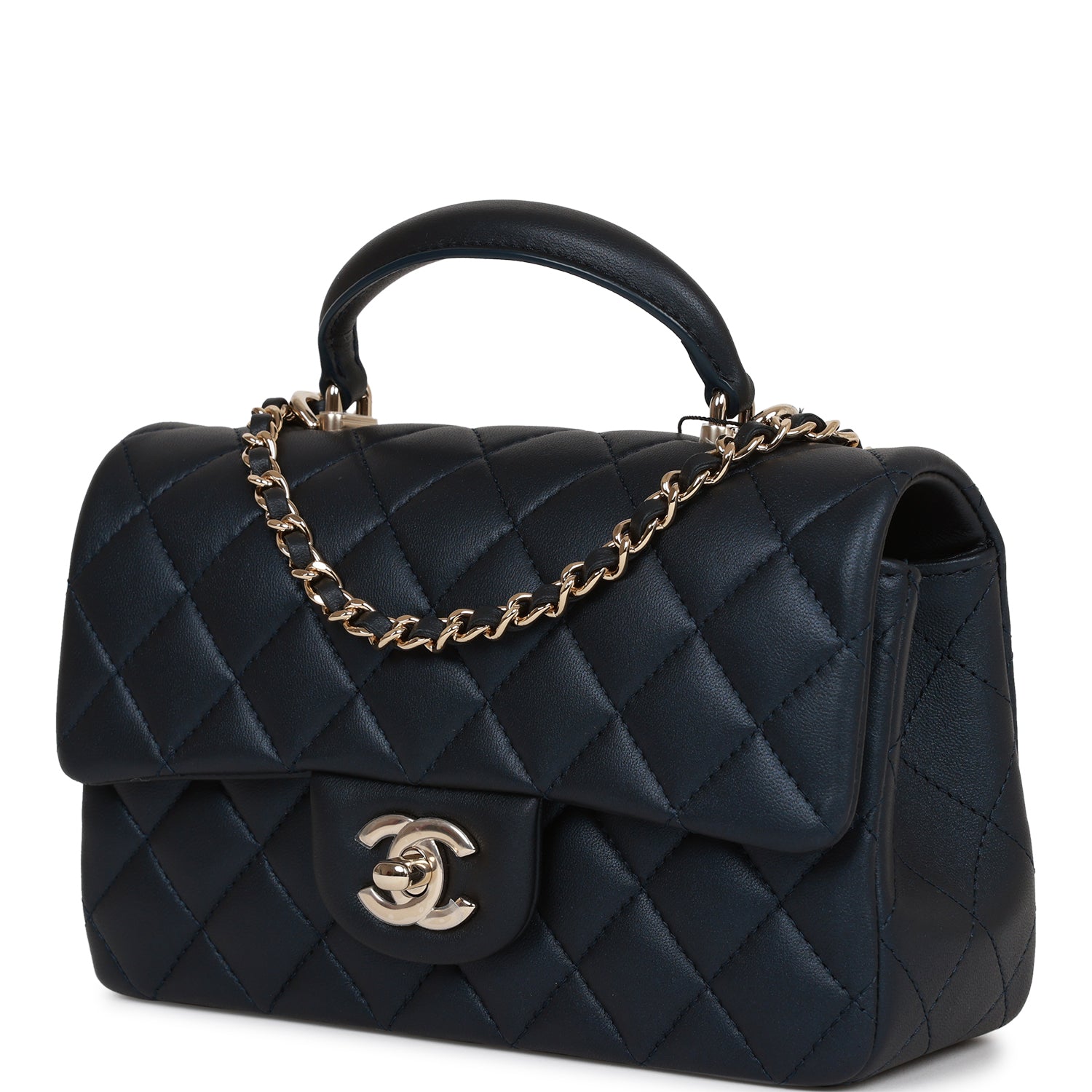 Chanel Mini Rectangular Flap Bag with Top Handle Dark Blue Lambskin Light Gold Hardware
