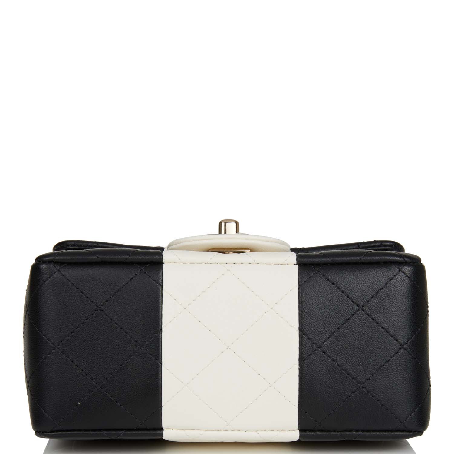 Chanel Mini Square Flap Bag Black and White Lambskin Light Gold Hardware