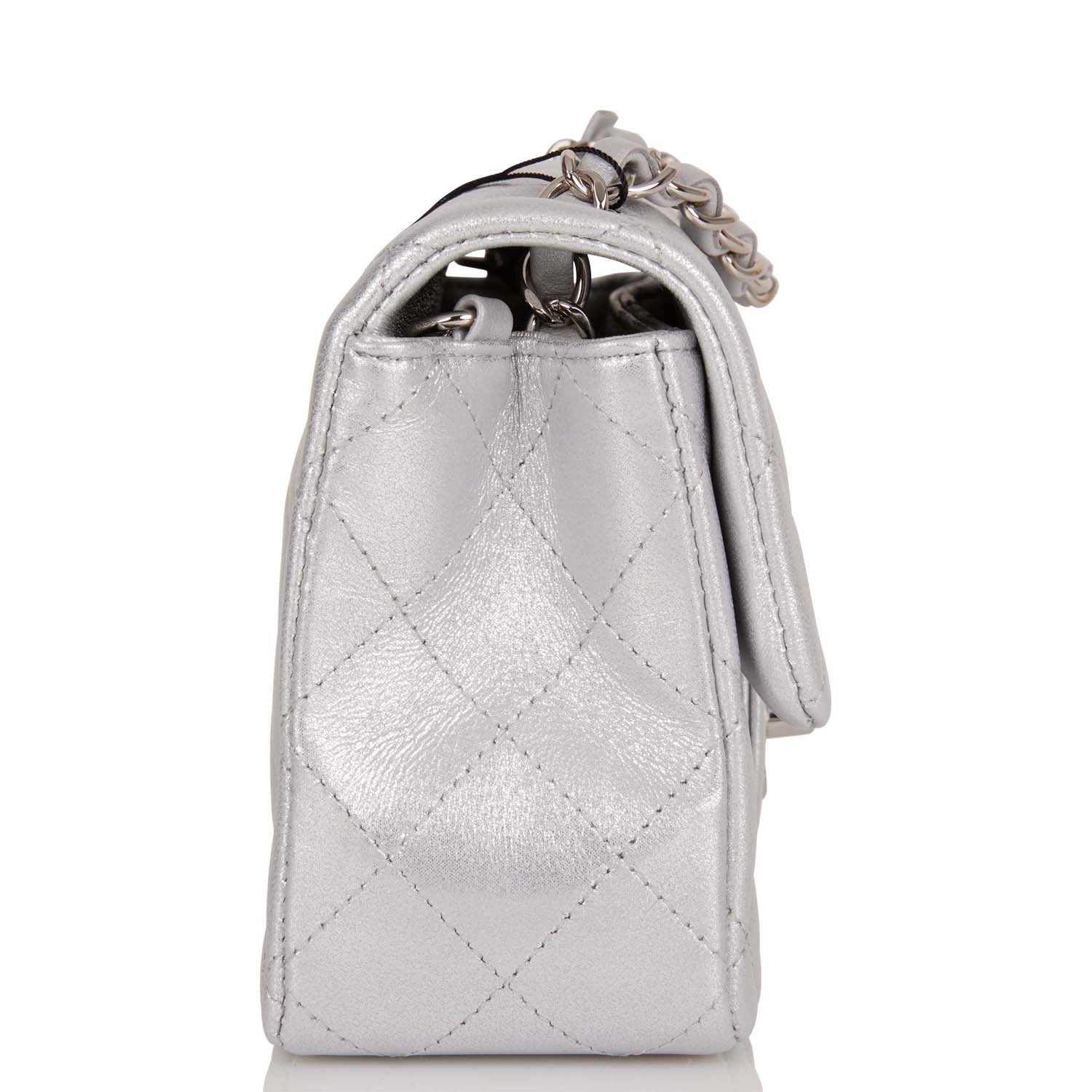 Chanel Mini Rectangular Flap Bag Silver Iridescent Lambskin Silver Hardware