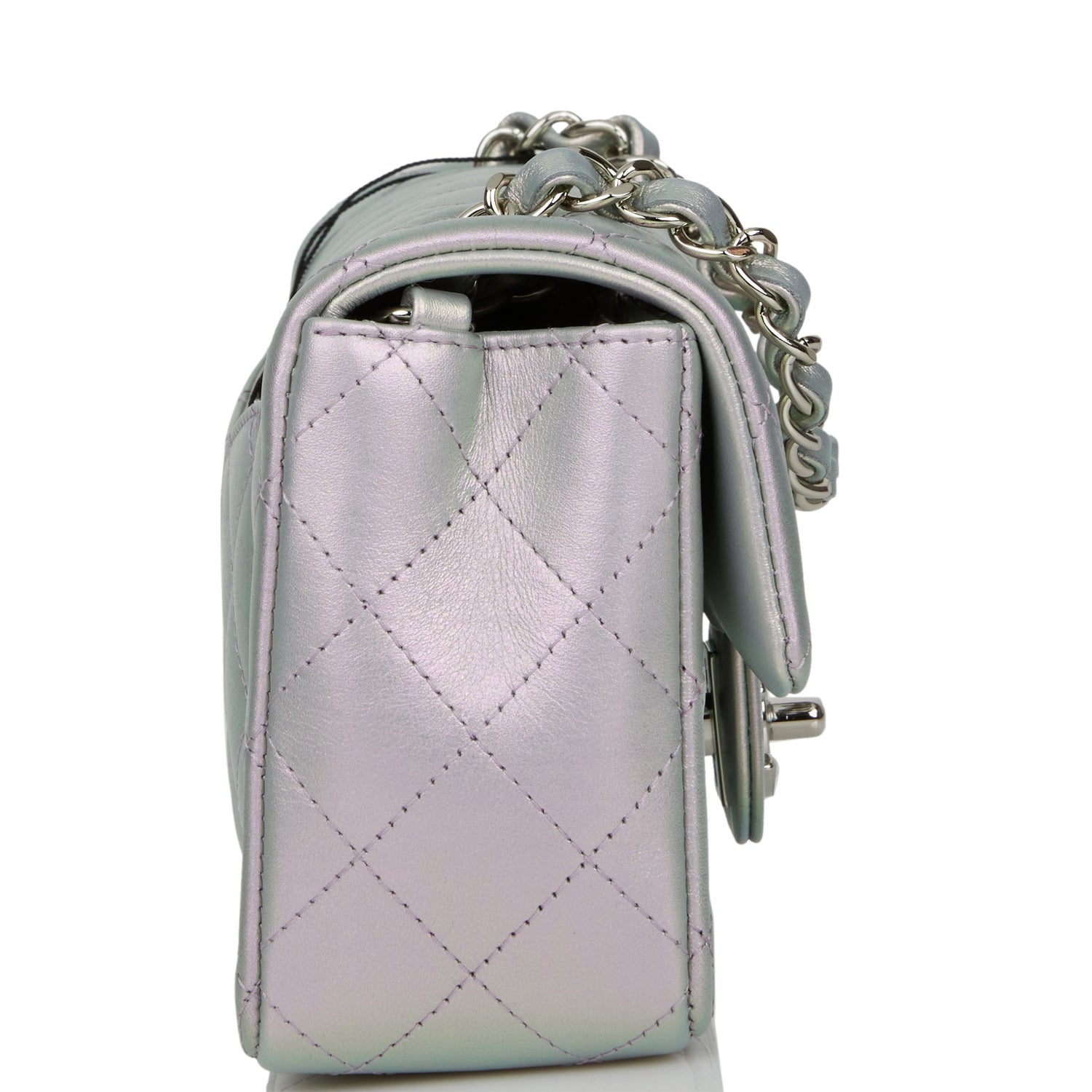 Chanel Mini Rectangular Flap Bag Purple Iridescent Quilted Lambskin Silver Hardware