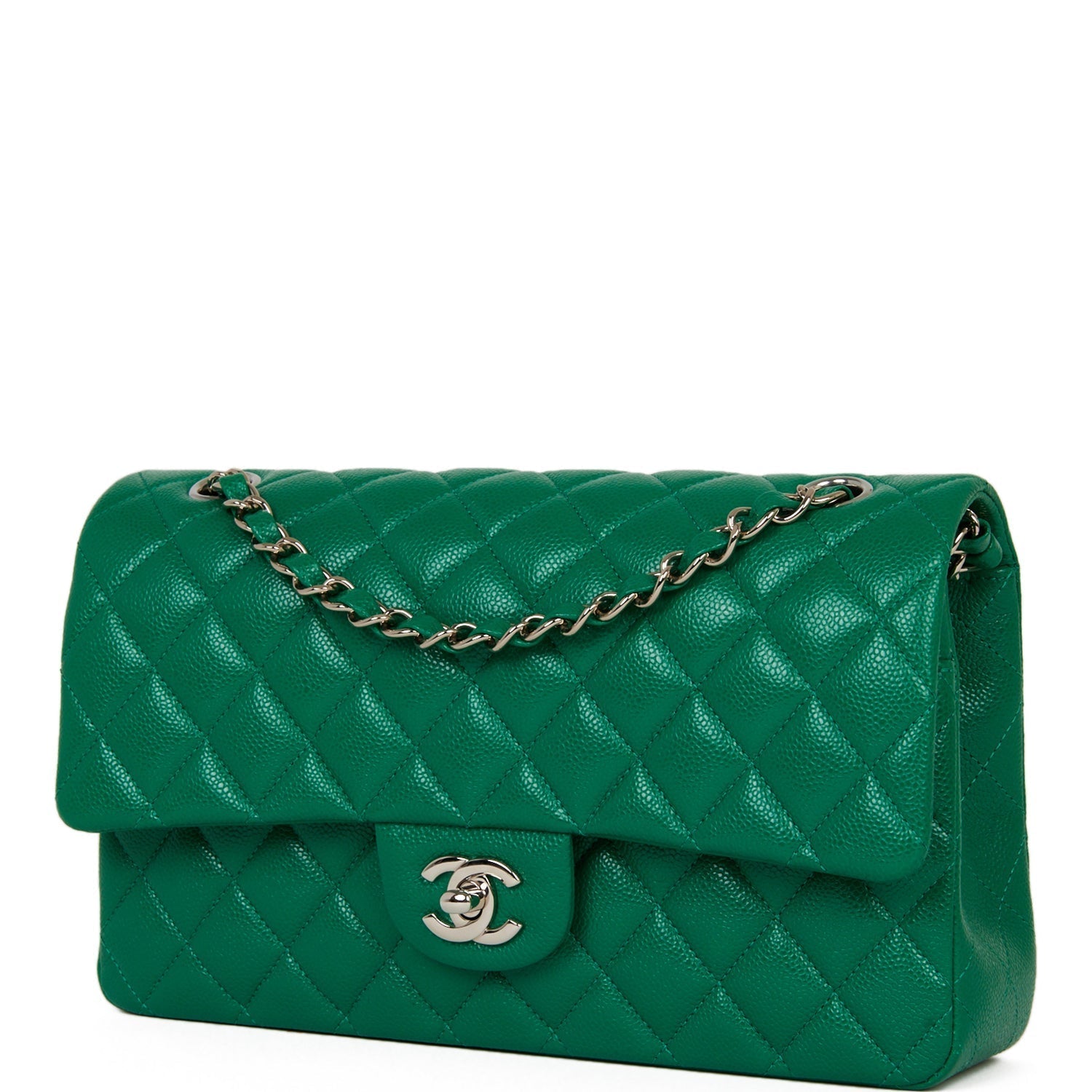 Chanel Medium Classic Double Flap Bag Green Caviar Silver Hardware