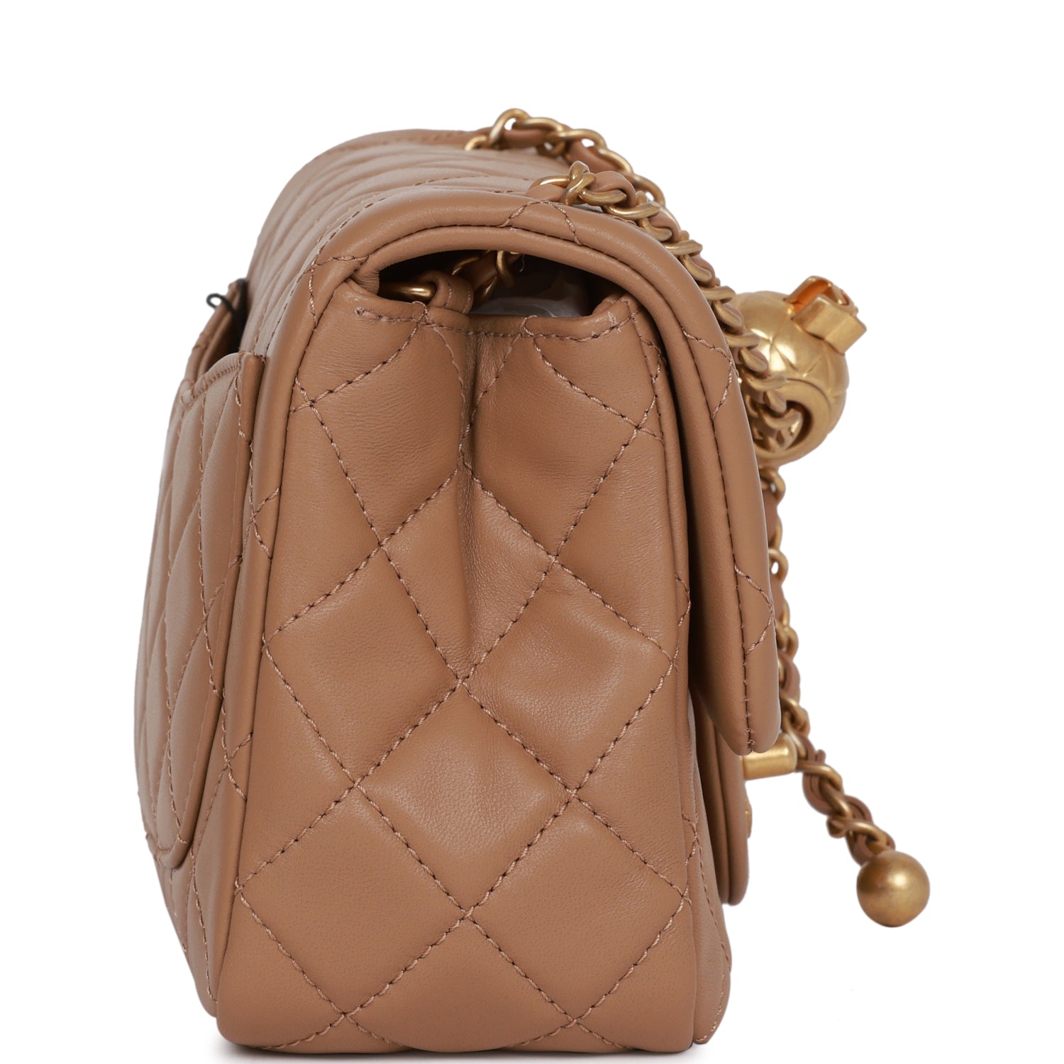 Chanel Pearl Crush Mini Square Flap Bag Beige Lambskin Antique Gold Hardware