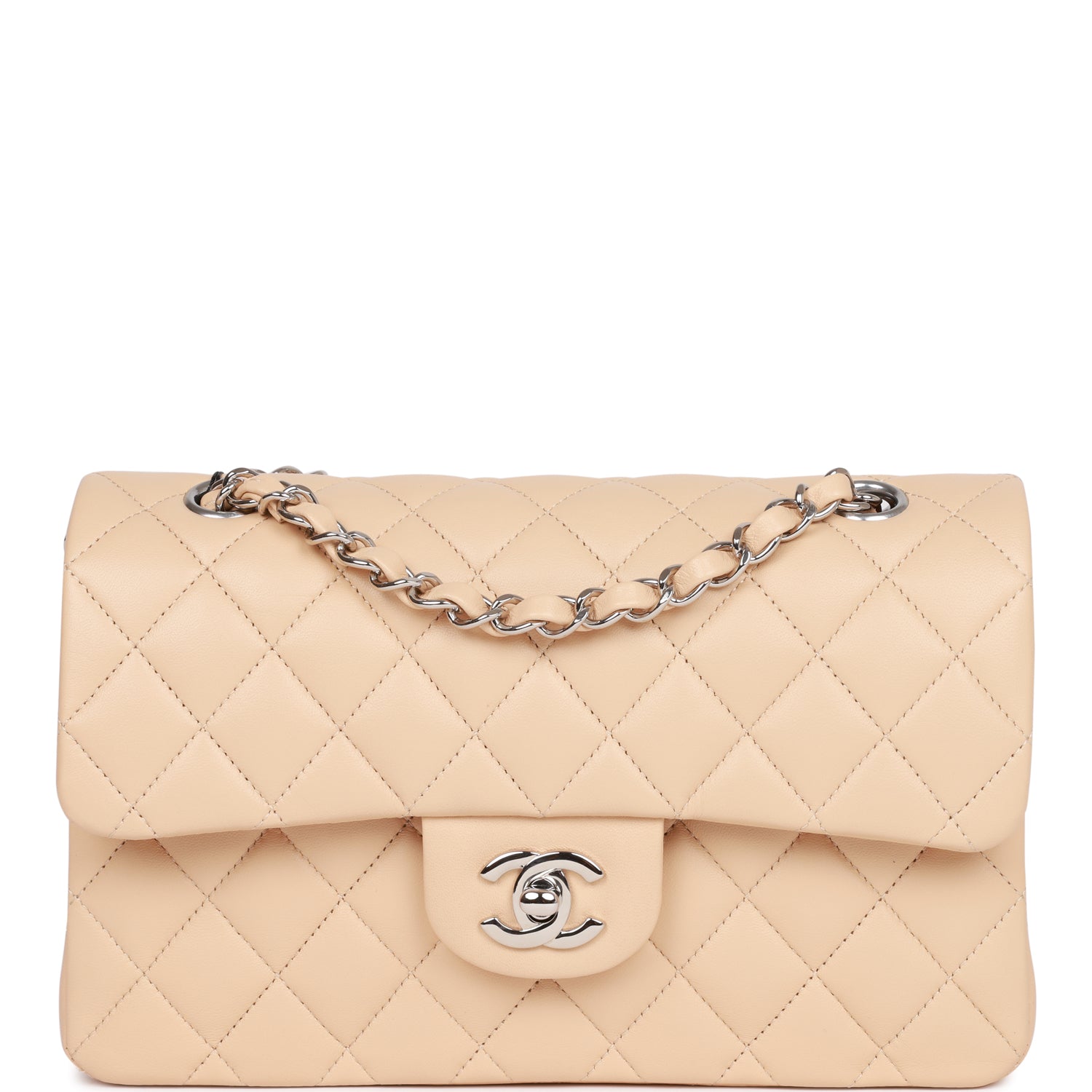 Chanel Small Classic Double Flap Beige Clair Lambskin Silver Hardware Shoulder Bag