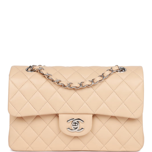 Chanel Small Classic Double Flap Beige Clair Lambskin Silver Hardware Shoulder Bag