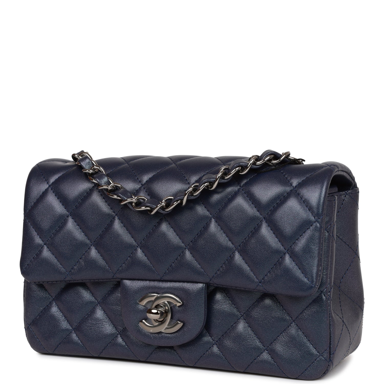 Chanel Mini Rectangular Flap Bag Navy Iridescent Lambskin Ruthenium Hardware