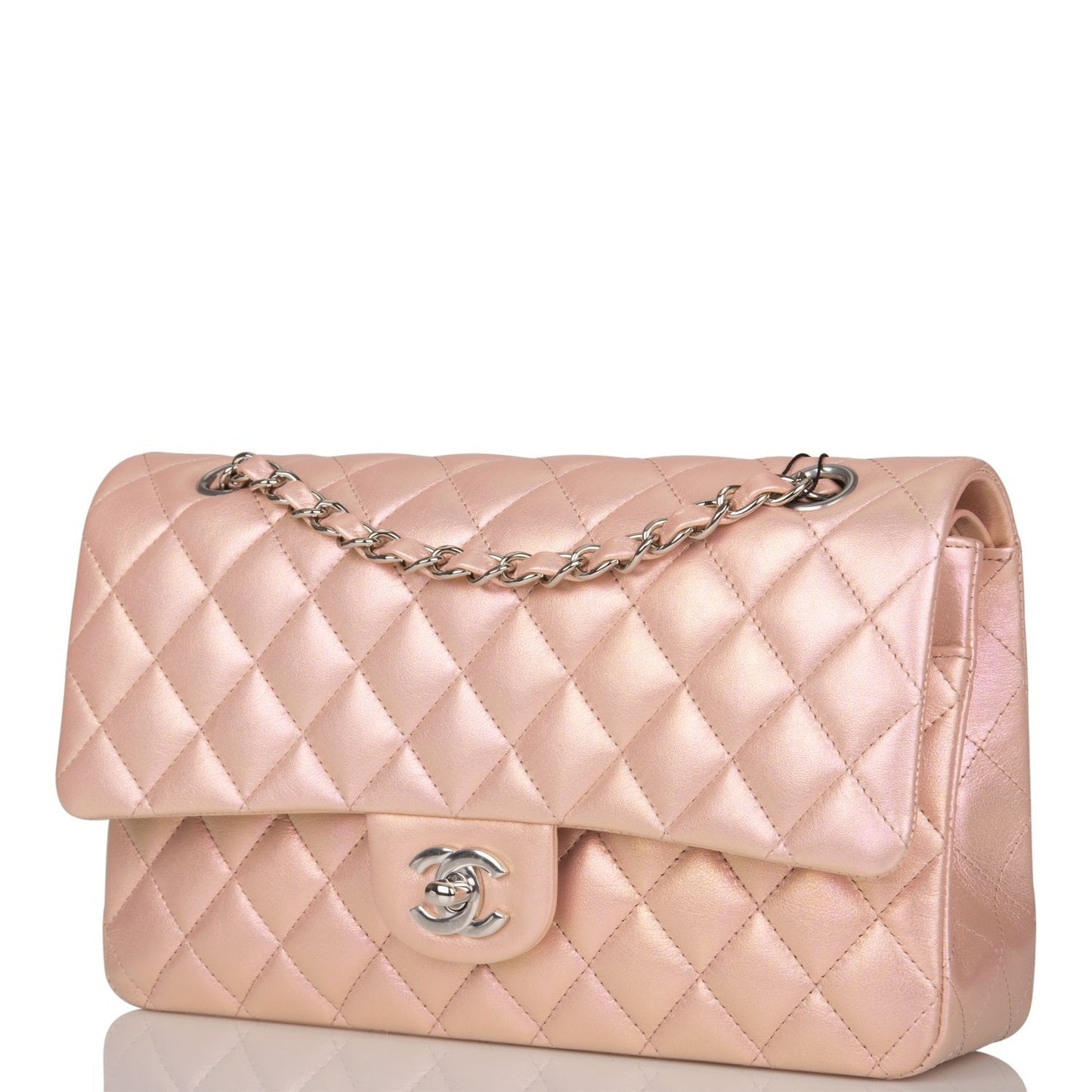 Chanel Medium Classic Double Flap Bag Pink Iridescent Lambskin Silver Hardware