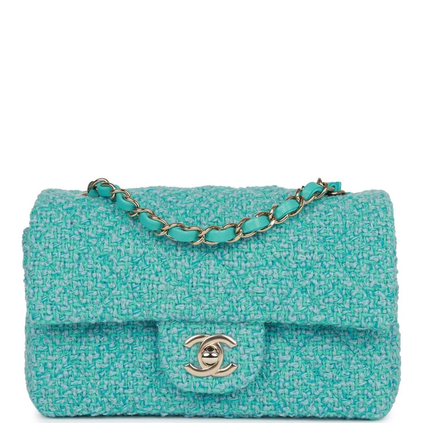 Chanel Mini Rectangular Flap Bag Blue Tweed Light Gold Hardware