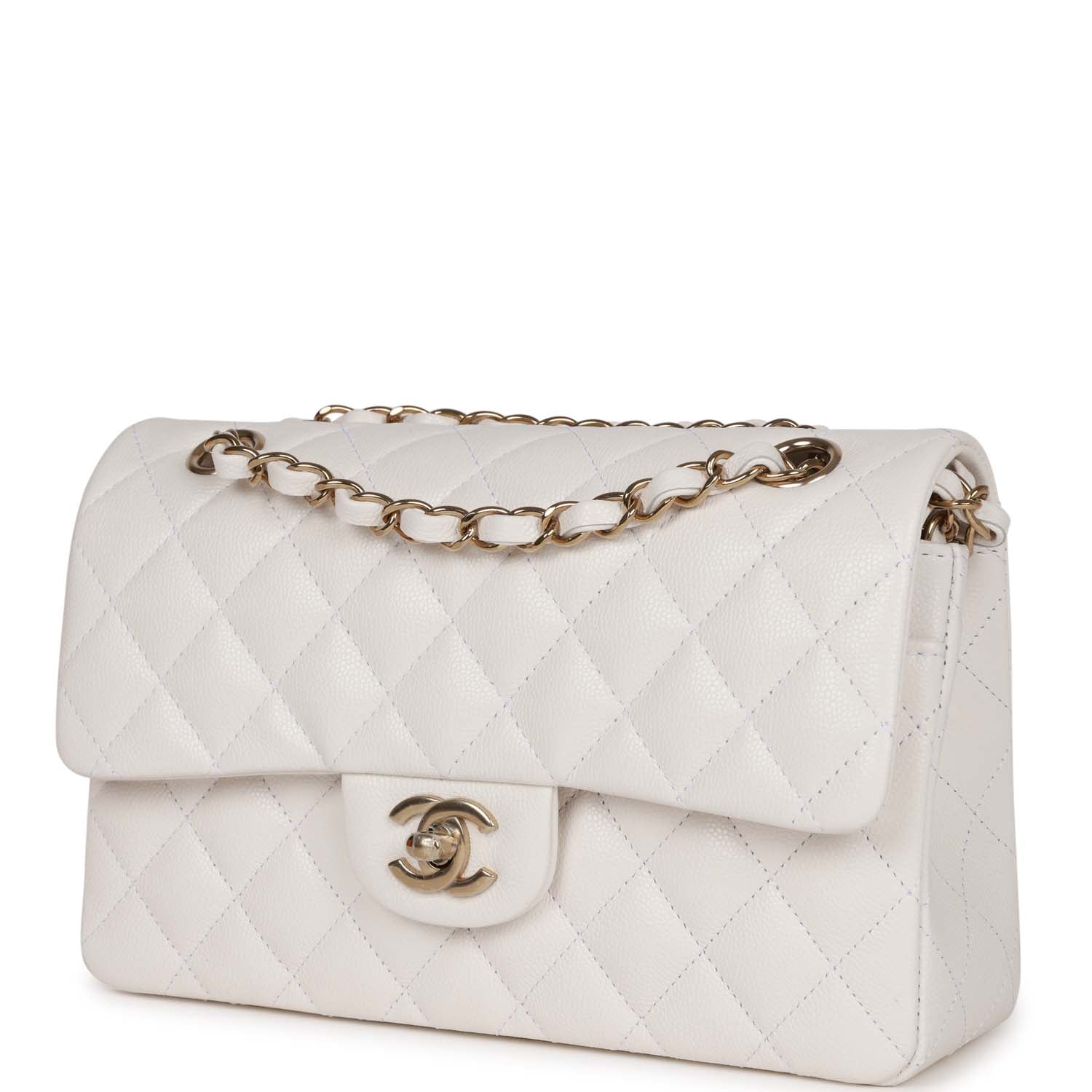 Chanel Small Classic Double Flap Bag White Caviar Light Gold Hardware