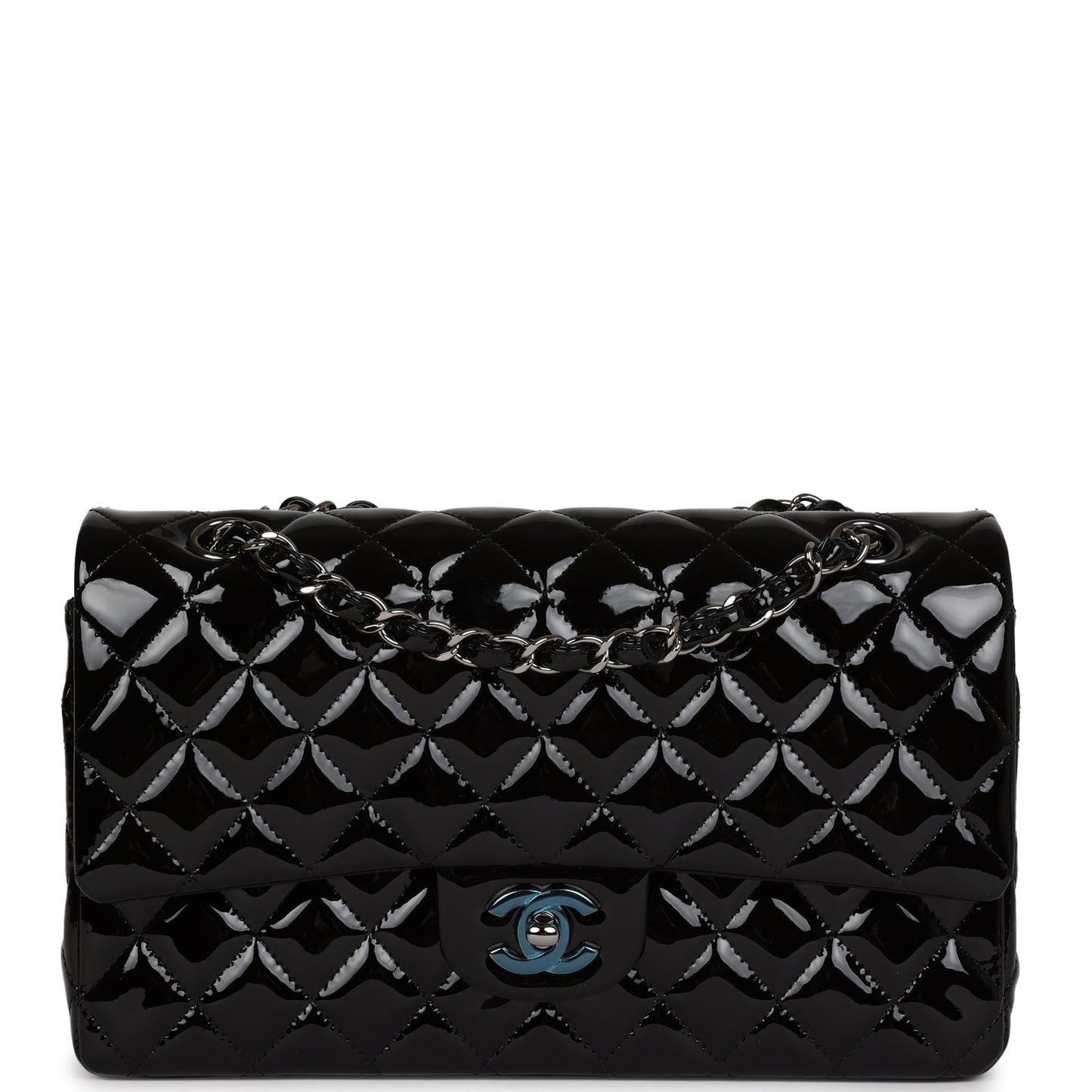 Chanel Medium Classic Double Flap Bag Black Patent Leather Silver Hardware