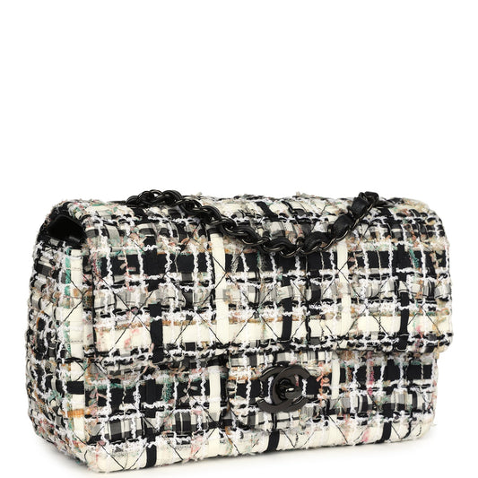Chanel Mini Classic Flap Black and White Tweed Black Hardware