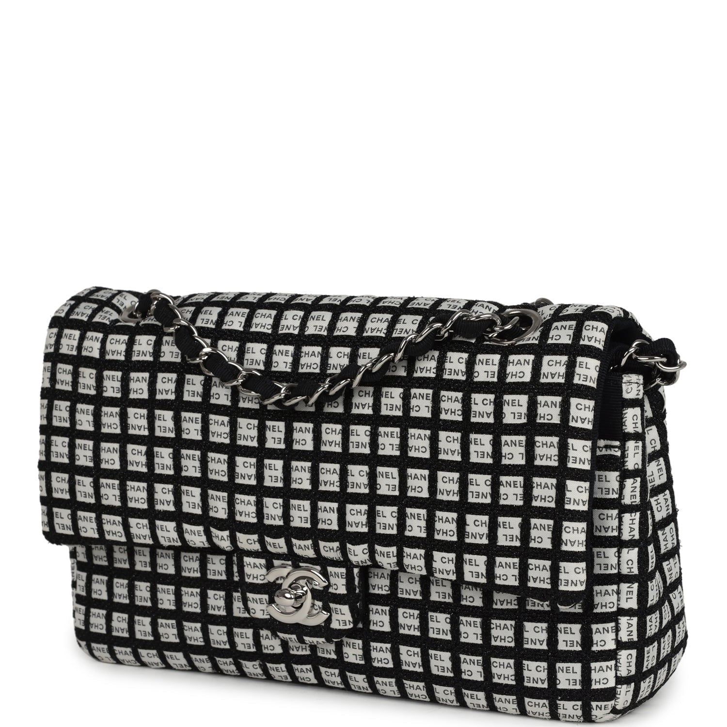 Chanel Medium Logo Ribbon Classic Double Flap Bag White and Black Canvas and Tweed Silver Hardware