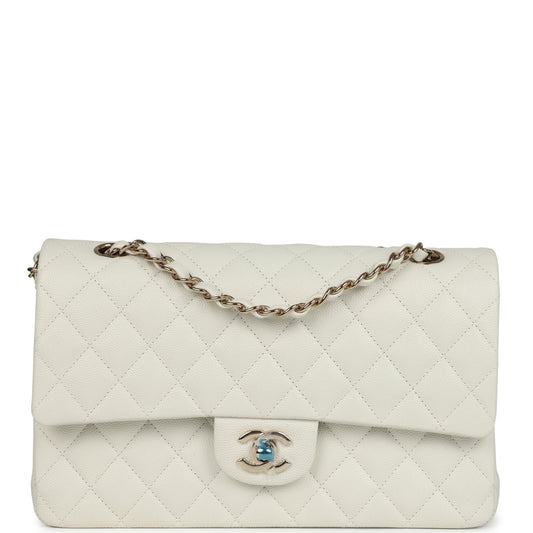 Chanel Medium Classic Double Flap White Caviar Light Gold Hardware Shoulder Bag