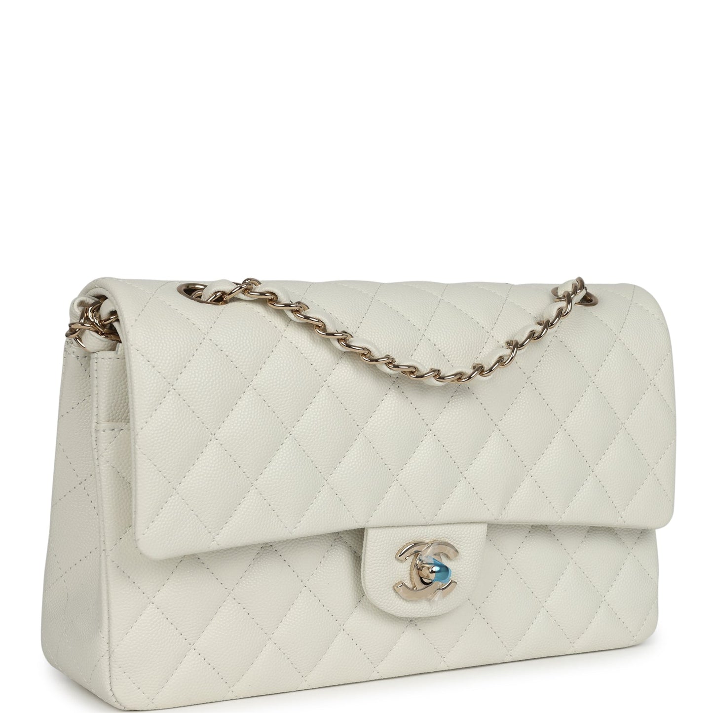 Chanel Medium Classic Double Flap White Caviar Light Gold Hardware Shoulder Bag