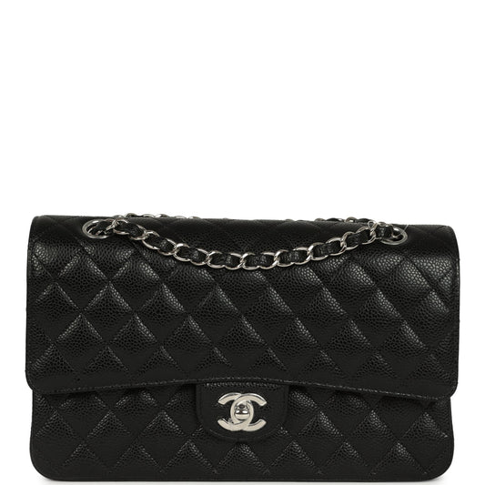 Chanel Medium Classic Double Flap Black Caviar Silver Hardware Shoulder Bag