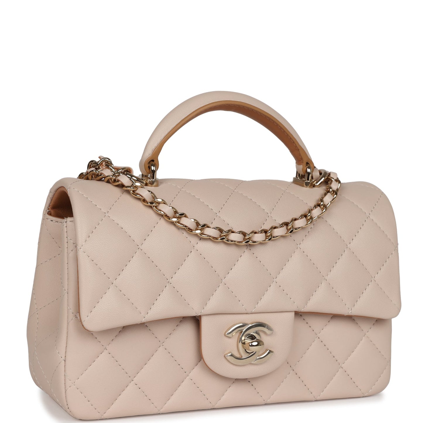 Chanel Mini Rectangular Flap with Top Handle Beige Lambskin Light Gold Hardware