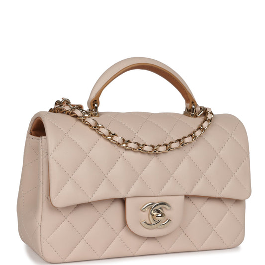 Chanel Mini Rectangular Flap with Top Handle Beige Lambskin Light Gold Hardware