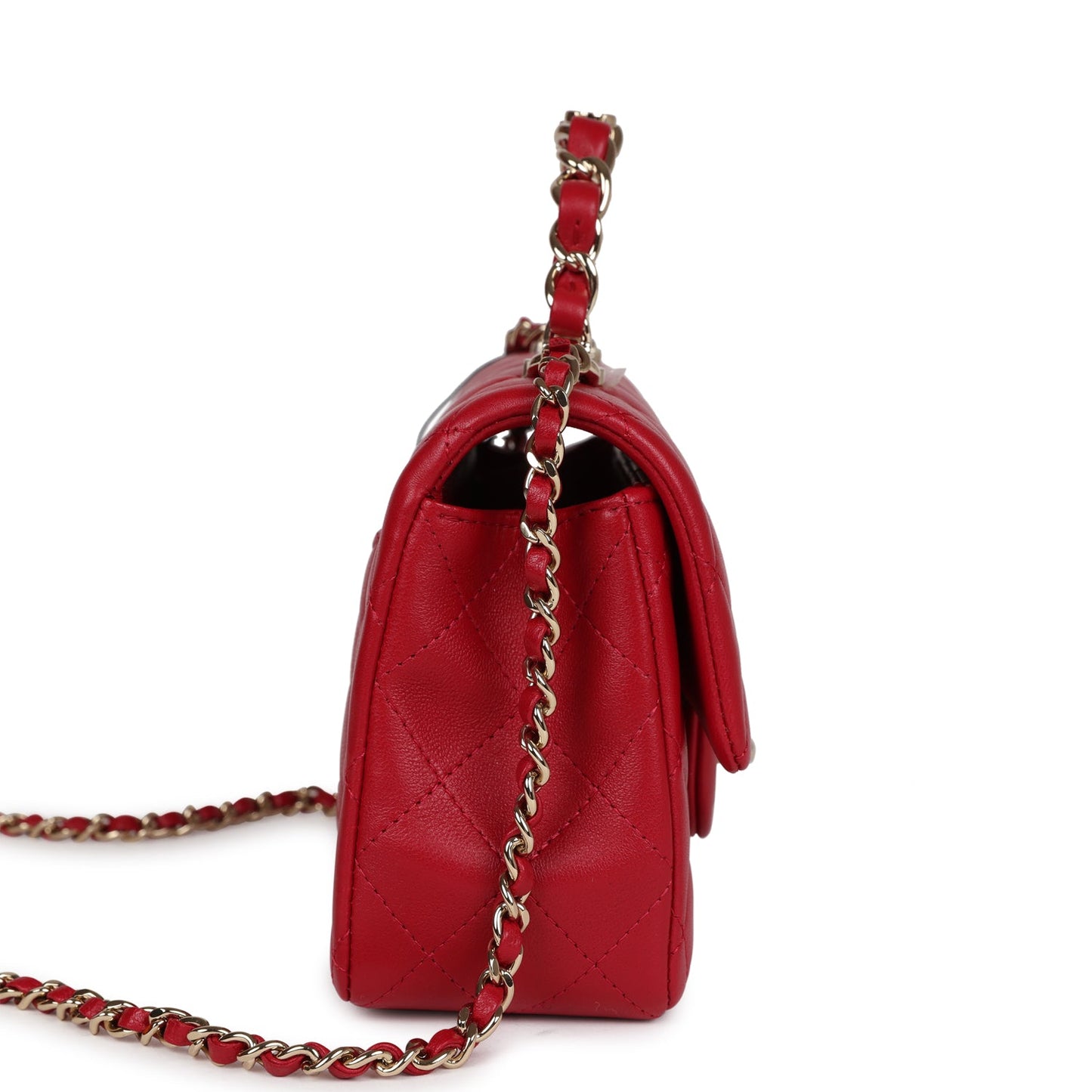 Chanel Mini Rectangular Flap Bag with Interwoven Top Handle Red Lambskin Light Gold Hardware