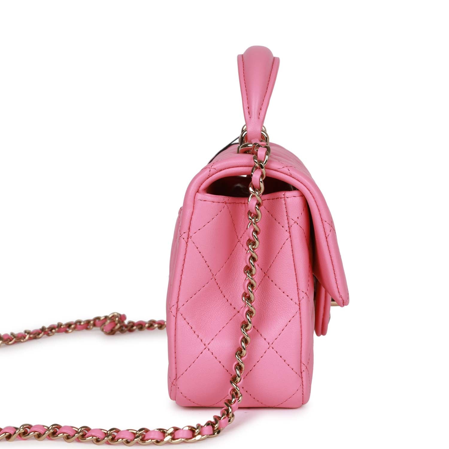 Chanel Rectangular Mini Flap Bag with Top Handle Pink Lambskin Light Gold Hardware