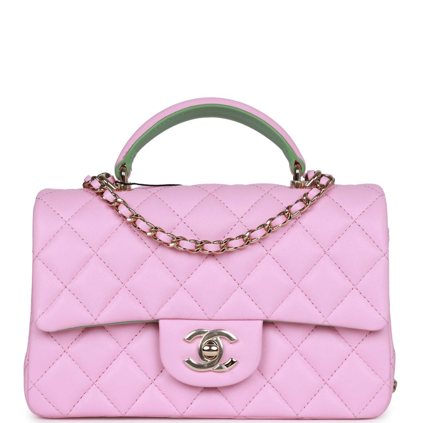 Chanel Mini Rectangular Flap with Top Handle Pink and Green Lambskin Light Gold Hardware Crossbody
