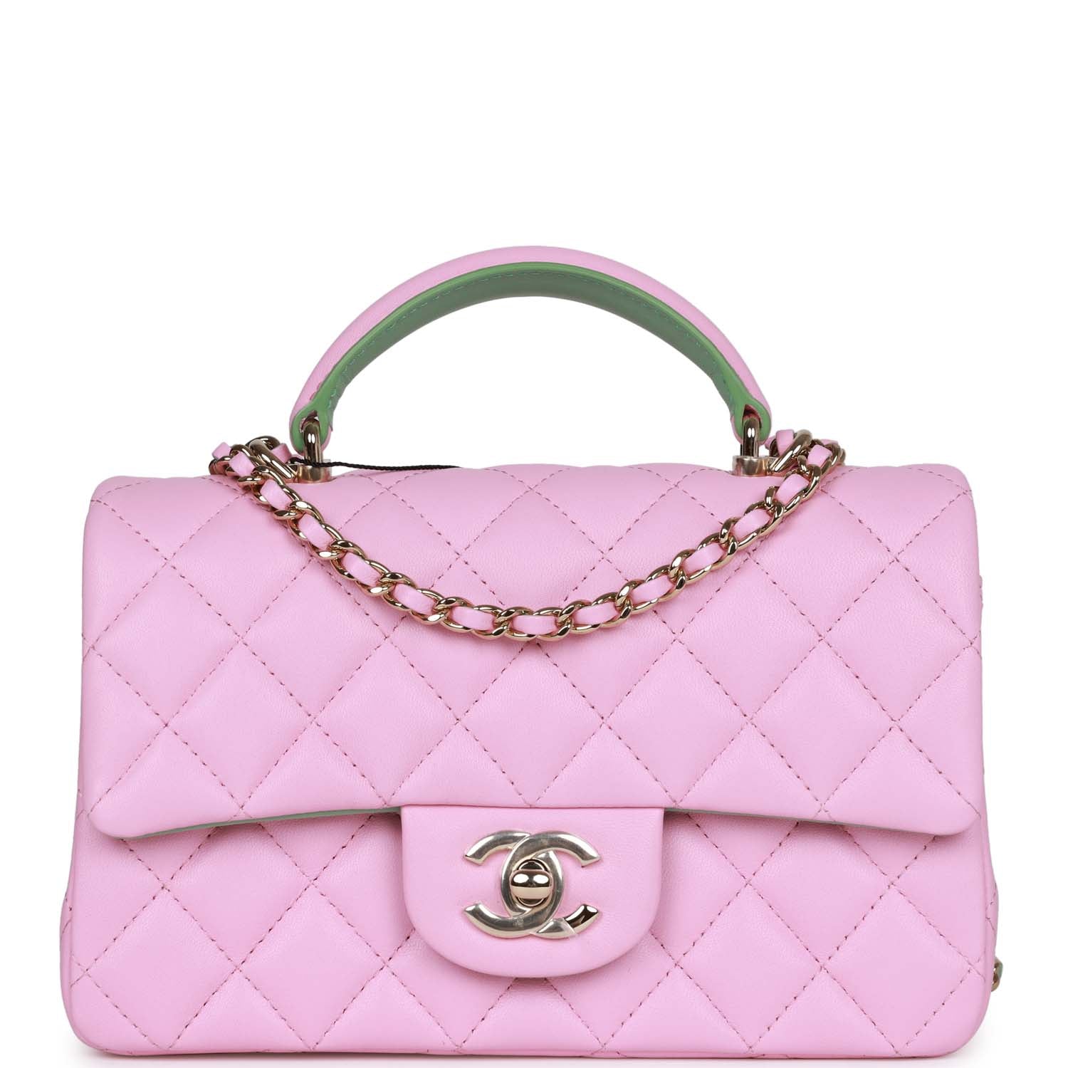 Chanel Mini Rectangular Flap with Top Handle Pink and Green Lambskin Light Gold Hardware Crossbody